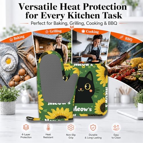 Black Cat Oven Mitts and Pot Holders Sets Cartoon Sunflower Silicone Heat - Image 3