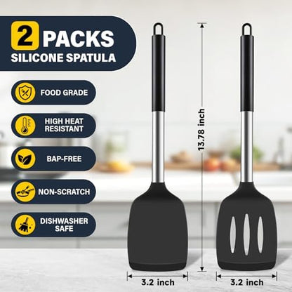 2 Pack Silicone Spatula Set, Solid & Slotted Turner - Image 2