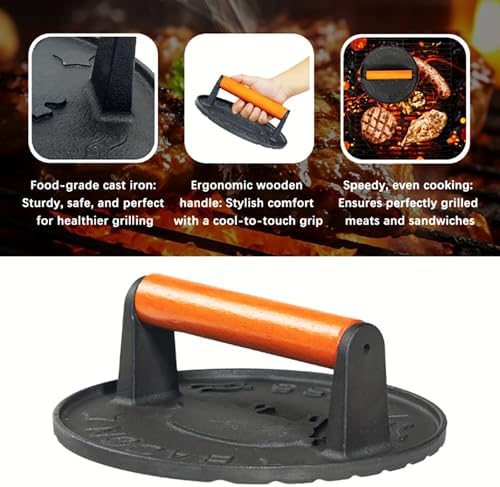 Cast Iron Burger Press, 7.2 inch Round, Wood Handle - Image 4