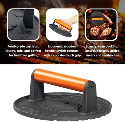 Cast Iron Burger Press, 7.2 inch Round, Wood Handle - Image 4
