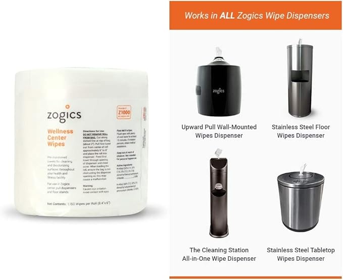 Zogics Wellness Center Wipes and Wall Mounted Dispenser – No-Touch Wipes Dispenser, Mounts Easily to Wall for Quick Access to Wellness Center Cleaning Wipes (Cleaning Wipes + Dispenser)