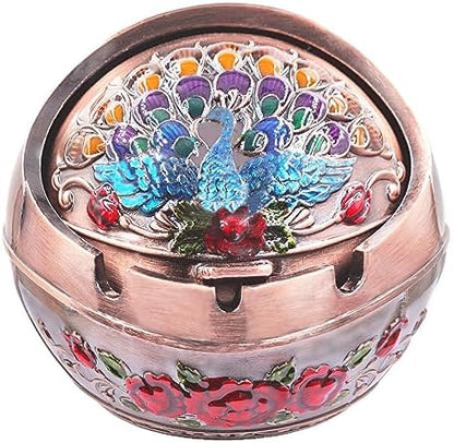 Hourwof Smokeless Ashtray with Lid, Peacock Windproof Ashtrays by Hourwof