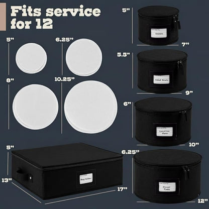China Storage Hard Shell Containers 5-Piece Set Moving Boxes for Dinnerware, Glasses, Plates, Mugs and Saucers Sturdy Dish Organizer with Dividers for Seasonal Storage - Service for 12 - Black Quilted