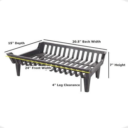 24 inch Fireplace Grate Heavy Duty, Cast Iron Fire Grate - 24" W x 15" D x 7" H
