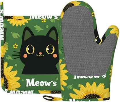 Black Cat Oven Mitts and Pot Holders Sets Cartoon Sunflower Silicone Heat by Unknown