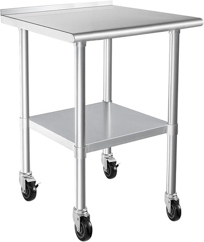 HARDURA Stainless Steel Table 24 x 30 Inches with Wheels Casters NSF Heavy Duty Commercial Prep Table with 2” Backsplash and Adjustable Undershelf for Restaurant Kitchen Home and Hotel