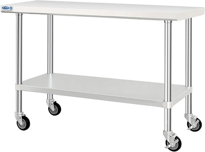 HARDURA Stainless Steel Table with Wheels 24 x 60 Inches Kitchen Prep Table Heavy Duty Stainless Steel Workbench with Aluminium Corner Undershelf NSF 304 Metel Table for Commercial Restaurant