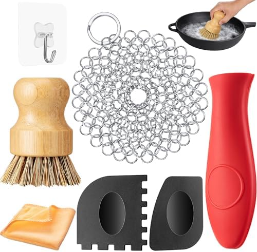Patelai 7 Pcs Cast Iron Cleaning Kit, Chainmail Scrubber Brush, Bright Color by Patelai