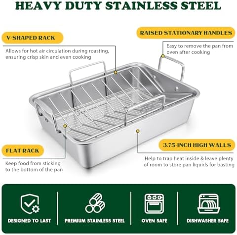 E-far Roasting Pan, 16 x 11.5 Inch Stainless Steel Turkey Roaster - Image 3