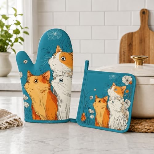 Cute Cat Kitten Oven Mitts and Pot Holders Sets Non-Slip Silicone Surface - Image 5