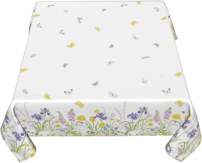 Spring Easter Tablecloth 60 x 60 Inch Square, Bunny Colorful Flower Butterfly Decorative Tablecloths Stain Resistance Polyester Rabbit Floral Table Cloth for Holiday Parties Kitchen Dining