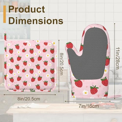 Strawberry Groovy Floral Oven Mitts and Pot Holders Set of 4, Kitchen Glove - Image 2