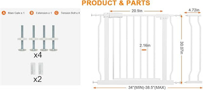 Wide Baby Gate for Stairs Doorways Pressure Mounted Baby Gate Walk Through Child Gates for Kids or Pets Indoor Safety Gates 34 to 38.5 Inch Wide