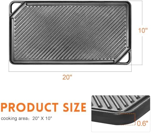 GGC Reversible Cast Iron Griddle, 20 x 10 Rectangular Griddle Pan - Image 2