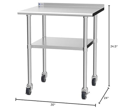 GRIDMANN Stainless Steel Table 30 in. x 24 in., NSF Commercial Kitchen Prep & Work Table w/Backsplash and Wheels