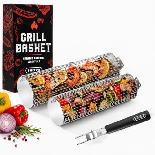 SHIZZO Extra Sturdy Rolling Grill Basket, Removable Handle by SHIZZO