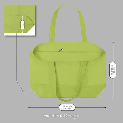 TOPDesign 1-Pack Canvas Tote Bag with an External Pocket, Reusable Grocery Shopping Bag, Top Zipper Closure, Daily Essentials (Light Green)