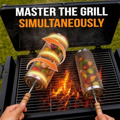 Rolling Grill Basket for BBQ, Removable Wooden Handle, Gifts for Men Dad - Image 2