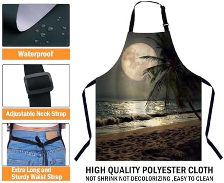 Tropical Beach Palm Tree With Full Moon Starry Night Waterproof Apron Kitchen - Image 3