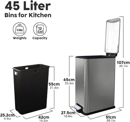 12 Gallon Slim Trash Can Kitchen, Stainless Steel Trash Can with Removal Inner Bucket and Soft-Close Lid, Pedal Garbage Can 45 Liter, Kohler Grey