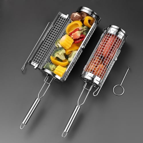 Upgrade Rolling Grill Basket 2-Pack, Removable Handle, 304 Stainless Steel by YORSEEK