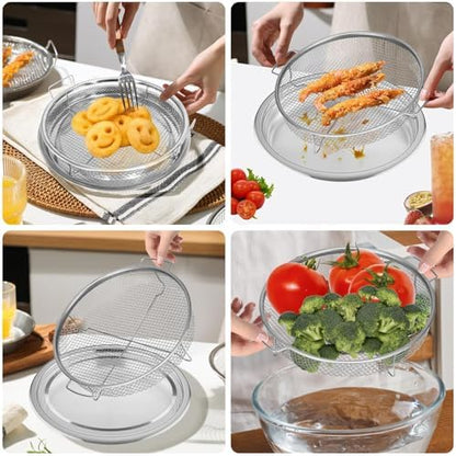 Air Fryer Basket for Oven, 2 Pieces Set Round Silver 12.9'' Non-stick Steel - Image 4