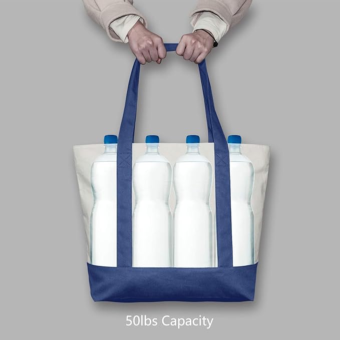 TOPDesign 1-Pack Canvas Tote Bag with an External Pocket, Reusable Grocery Shopping Bag, Top Zipper Closure, Daily Essentials (Blue/Natural)