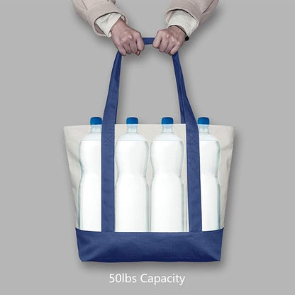 TOPDesign 30-Pack Canvas Tote Bags with an External Pocket, Reusable Grocery Shopping Bags, Top Zipper Closure, Daily Essentials (Blue/Natural)