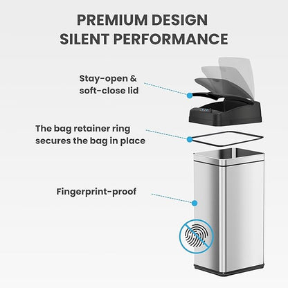 iTouchless 50 Liter / 13 Gallon Kitchen Trash Can with AC Adapter, Lid & Odor Filter – Motion Sensor Stainless Steel Garbage Bin for Home, Office, or Garage – Slim, Large Capacity Design