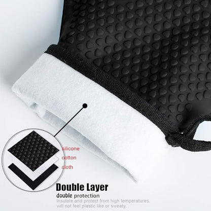 Kitchen Oven Gloves - Dual-Layer Heat Resistant Grilling Gloves, Silicone Oven Mitts with 5 Fingers, Waterproof Non-Slip Pot Holder for Barbecue, Cooking, Baking (Black Long)