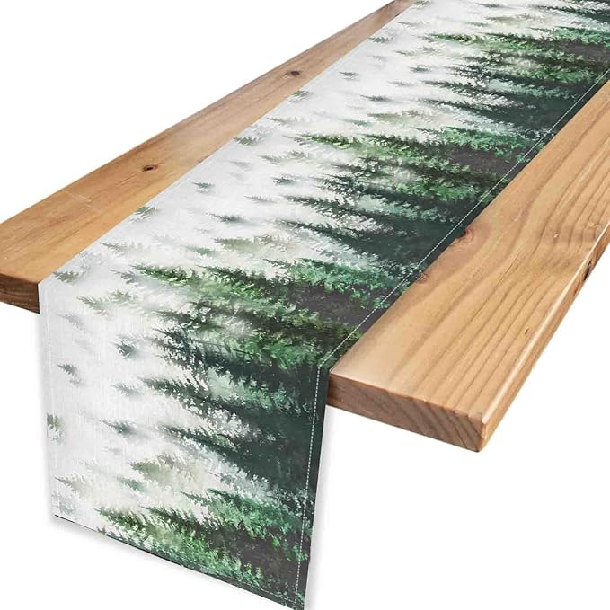 Green Forest Table Runner, Rustic Farmhouse Green Pine Tree Woodland Seasonal Mountain Country Coffee Table Center Decor for Home Kitchen Dining Patio Holiday Party Table Decorations, 13"x108" Inch