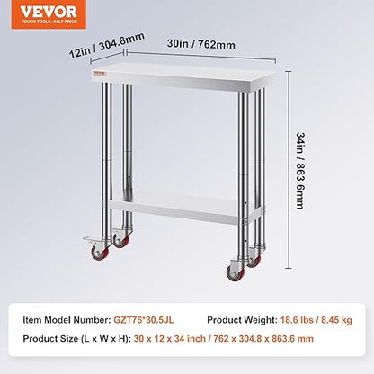 VEVOR Stainless Steel Work Table 30 x 12 x 34 Inch, 700 LBS Load Capacity with 4 Wheels, 3 Adjustable Height Levels, Heavy Duty Food Prep Worktable for Commercial Kitchen Restaurant, Silver