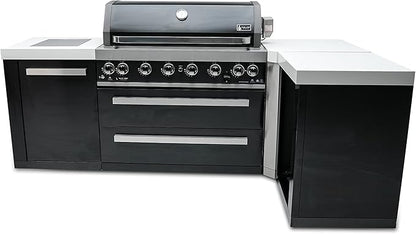 Mont Alpi MAi805-BSS90 44-inch 6-Burner 115000 BTU Deluxe Black Stainless Steel 90 Degree Outdoor Kitchen Gas Island Grill w/Infrared Side Burner Rotisserie Kit + Storage Drawers & Cabinets