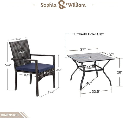 Sophia & William 5 Pieces Patio Dining Set with 9 ft Beige Patio Umbrella, Outdoor PE Rattan Chairs and Square Metal Table Set with Cushions and 1.57" Umbrella Hole for Porch Poolside Backyard