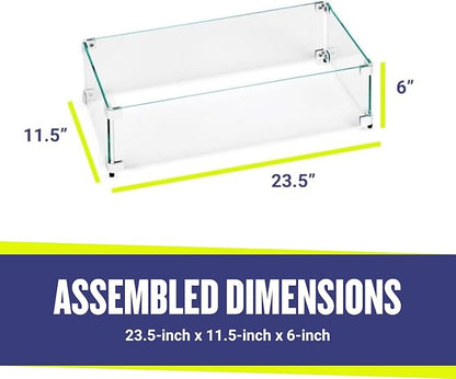 American Fireglass Tempered Glass Flame Guard for 18" x 6" Rectangular Drop-in Fire Pit Pans | Outdoor Wind Guard with Aluminum Fire-Resistant Brackets & Non-Slip Feet | 23.5-inch x 11.5-inch x 6-inch
