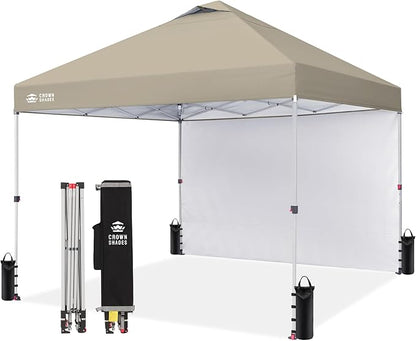 CROWN SHADES 12x12 Pop Up Canopy Tent Instant Commercial with 150D Silver Coated Fabric Including 1 Removable Sidewall, 4 Ropes, 8 Stakes, Weight Bags, STO 'N Go Bag, Beige