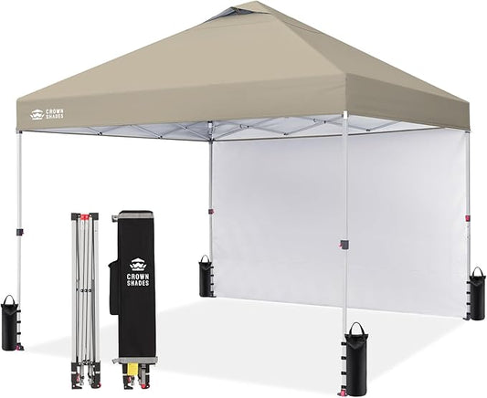 CROWN SHADES 12x12 Pop Up Canopy Tent Instant Commercial with 150D Silver Coated Fabric Including 1 Removable Sidewall, 4 Ropes, 8 Stakes, Weight Bags, STO 'N Go Bag, Beige