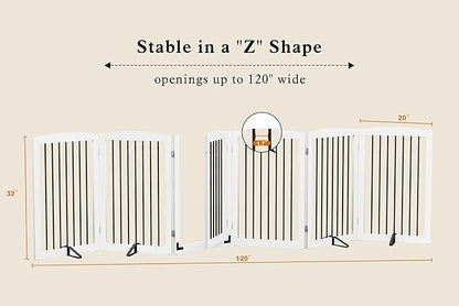 Freestanding Pet Gate with Door, Tall Dog Gate for House, Extra Wide, Pet Puppy Safety Fence, Support Feet Included, 120 Inch Wide, 6 Panels 32" Tall, White & Black