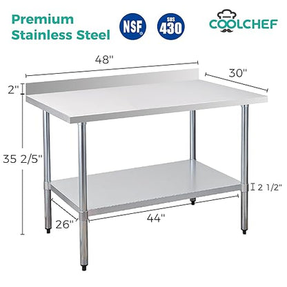 Stainless Steel Work Table 30 x 48 Inch, NSF Commercial Prep Table with Undershelf, Heavy Duty Food Prep Workstation with Backsplash