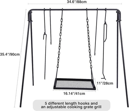 REDCAMP Swing Outdoor Campfire Grill Stand - Collapsible Campfire Cooking Rack with 6 Hooks & Iron Grill Grate, Portable Dutch Oven Hanger for Camping, Hiking, Cookware, Bonfire, Rectangle
