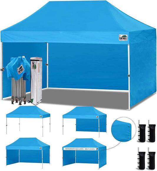 Eurmax USA 10'x15' Pop-up Canopy Tent Commercial Instant Canopies with 4 Removable Zipper End Side Walls and Roller Bag, Bonus 4 SandBags(Sky Blue)