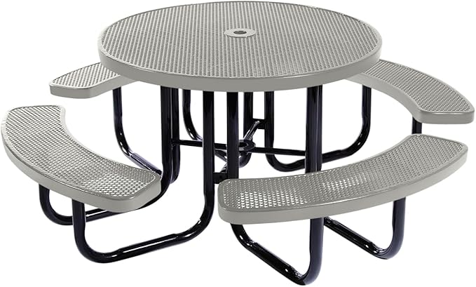 COATEDOUTDOORFURNITURE Heavy-Duty Portable Outdoor Picnic Table with Umbrella Hole, Punched Steel Commercial-Grade Patio Dining Furniture Made in America (46" Round Top, Grey)