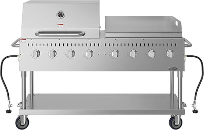 60 in. 8-Burner Commercial Outdoor Propane Gas Grill with 30 in. Roll Dome Cover and 30 in. Griddle in Stainless-Steel, ETL Listed (CGKIT6-D30G30)