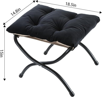 15" Foldable Foot Stool Ottoman with Metal Frame - Washable Black Upholstered Indoor/Outdoor Footrest for Living Room, Bedroom, Patio - Space-Saving Compact Design