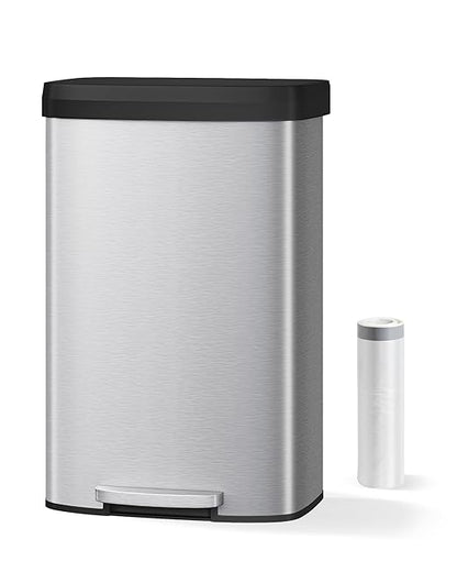 Garvee 21 gal / 80 L Stainless Steel Trash Can with Lid, Large Garbage Can for Kitchen, Rustproof Step-on Kitchen Metal Trash Bin with Liner Rim, Rear Handle, Soft Close Plastic Lid, Silver