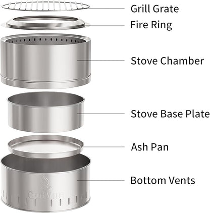 15.5 inch Stainless Steel Smokeless Fire Pit with Grill, Outdoor Smokeless Firepit, Wood Burning Fire Pits for Camping, Bonfire, Low Smoke Firepit for Outside (Vertical Hole)