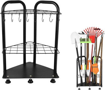 Garden Tool Organizer Rack, Garage Yard Tool Storage and Organization,2-Tier Metal Stand with Hooks, Black