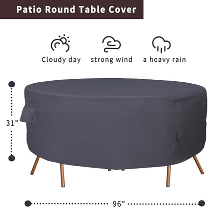 Round Patio Furniture Cover, Heavy Duty and Waterproof for Outdoor Furniture covers, Round outdoor table cover, Patio table cover 96"DIA x 31"H Black