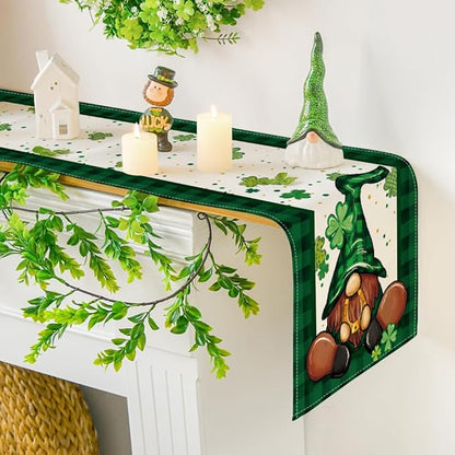 Artoid Mode Shamrock Buffalo Plaid Gnomes Lucky St. Patrick's Day Table Runner, Kitchen Dining Table Decor for Outdoor Home Party Decor 13 x 60 Inch