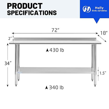 Hally Stainless Steel Table for Prep & Work 18 x 72 Inches, NSF Commercial Heavy Duty Table with Undershelf and Backsplash for Restaurant, Home and Hotel